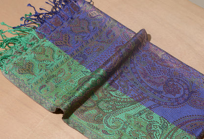OMVAI Ornamental Paisley Premium Woven Silk Stole - Royal Blue and Green