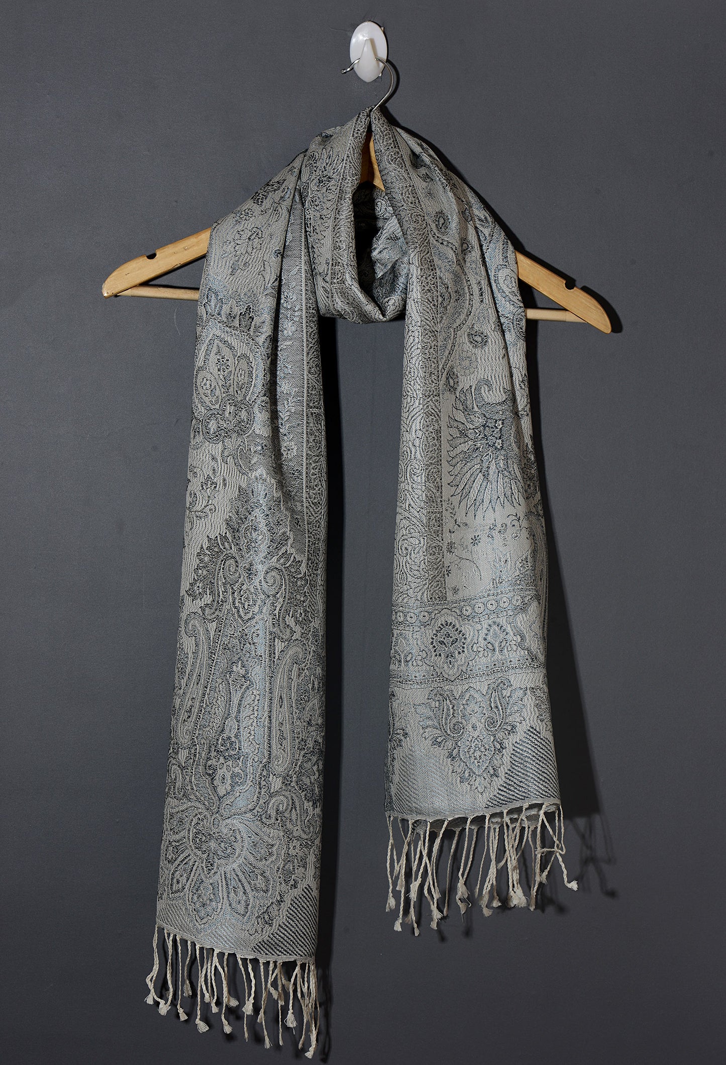 OMVAI Ornamental Paisley Premium Woven Silk Stole - Silver Charcoal