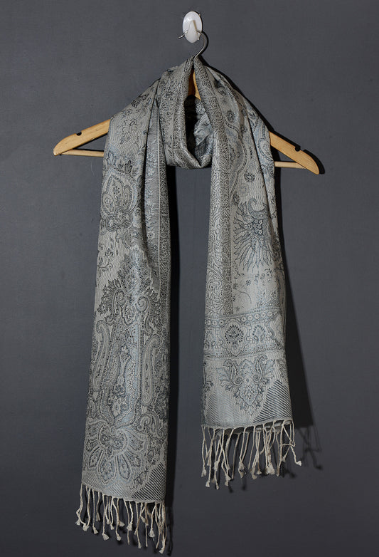 OMVAI Ornamental Paisley Premium Woven Silk Stole - Silver Charcoal