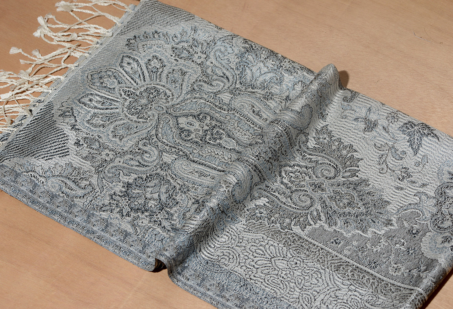 OMVAI Ornamental Paisley Premium Woven Silk Stole - Silver Charcoal
