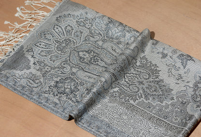 OMVAI Ornamental Paisley Premium Woven Silk Stole - Silver Charcoal