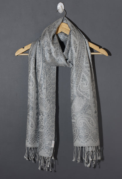 OMVAI Victorian Paisley Premium Woven Silk Stole - White Silver