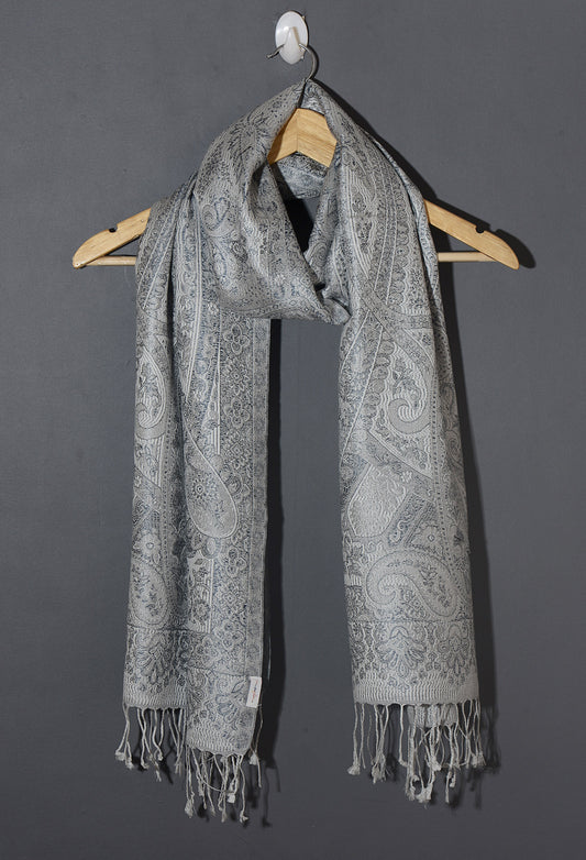 OMVAI Victorian Paisley Premium Woven Silk Stole - White Silver