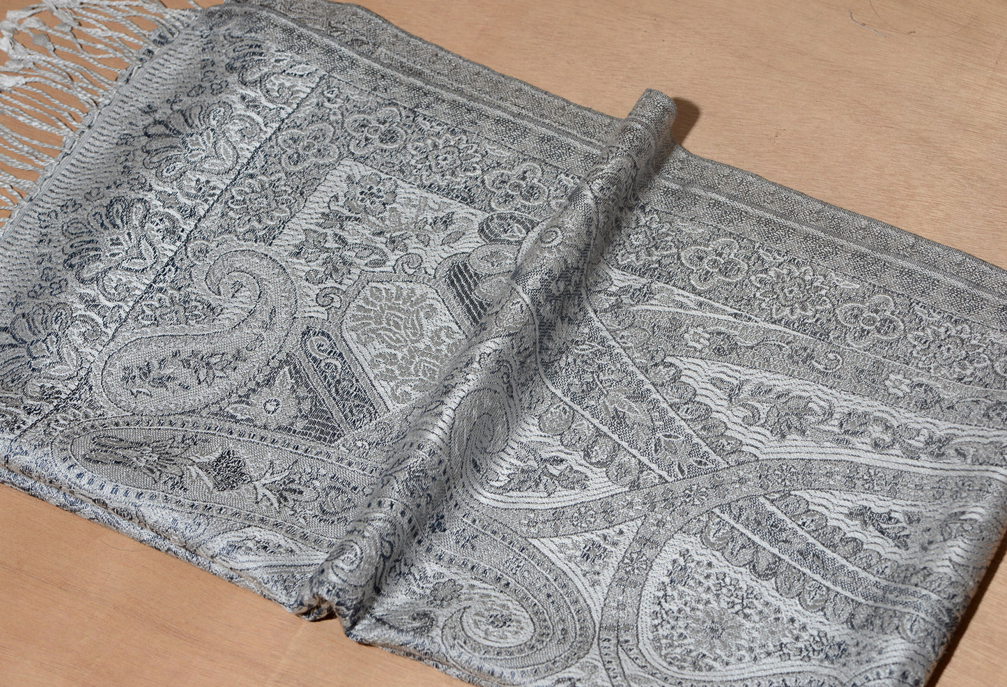 OMVAI Victorian Paisley Premium Woven Silk Stole - White Silver