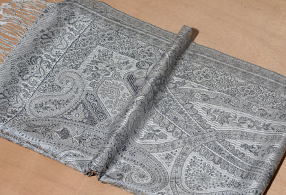 OMVAI Victorian Paisley Premium Woven Silk Stole - White Silver