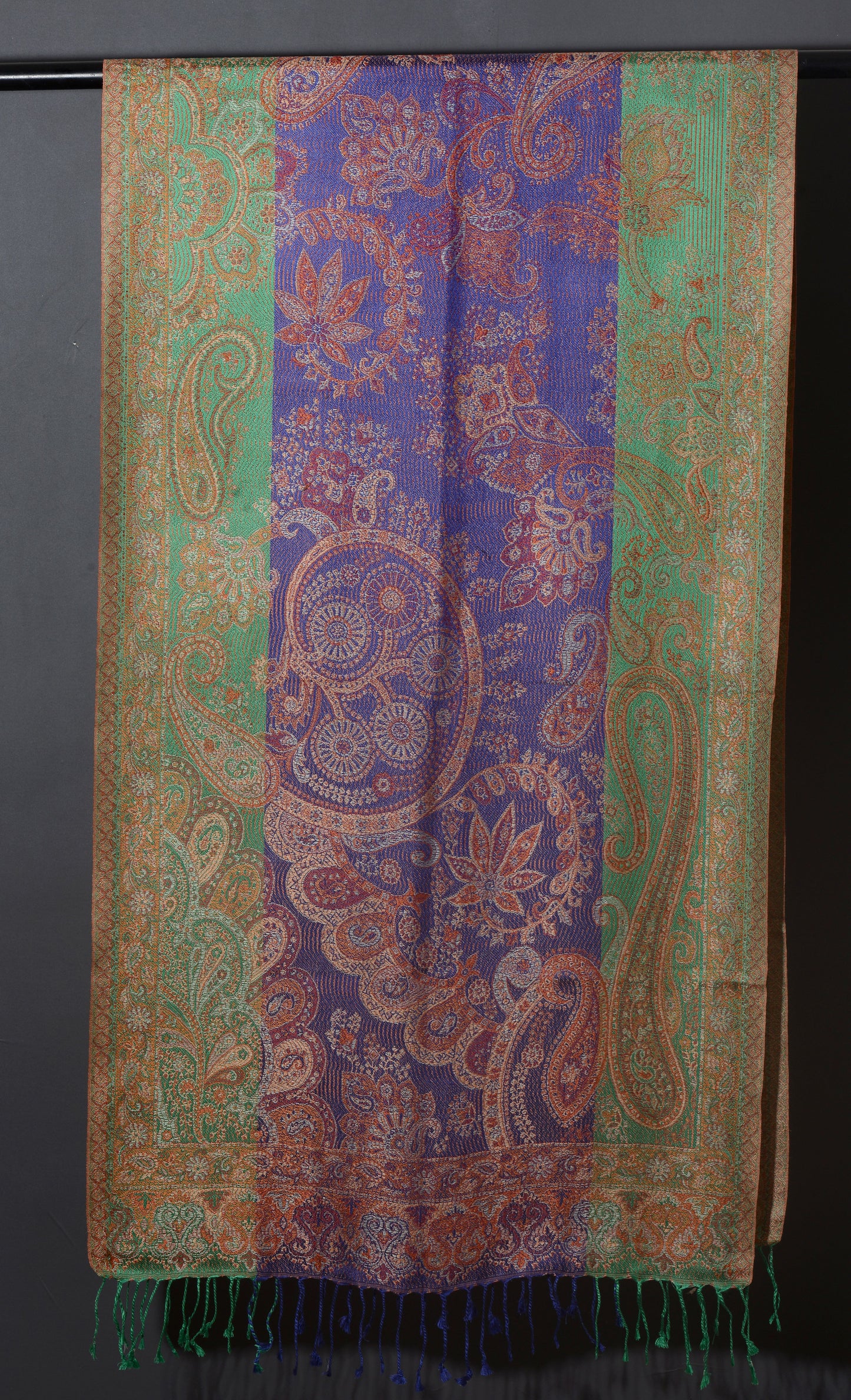 OMVAI Ornamental Paisley Premium Woven Silk Stole - Blue and Fern Green