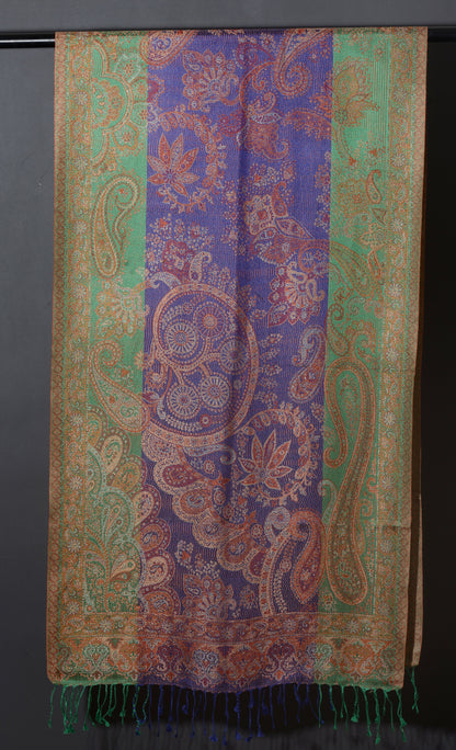 OMVAI Ornamental Paisley Premium Woven Silk Stole - Blue and Fern Green