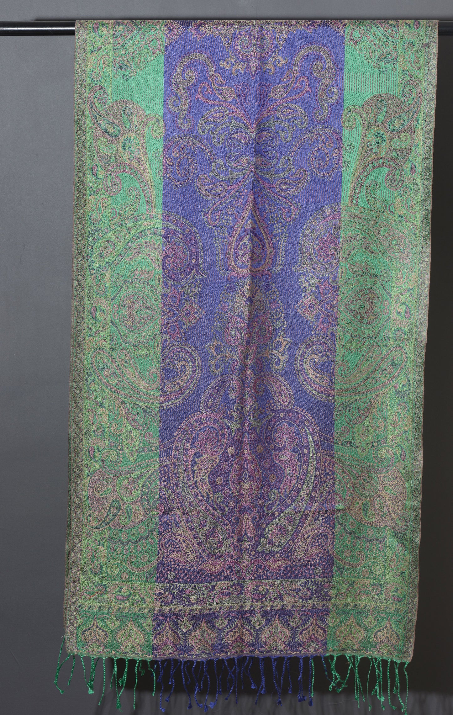 OMVAI Ornamental Paisley Premium Woven Silk Stole - Royal Blue and Green