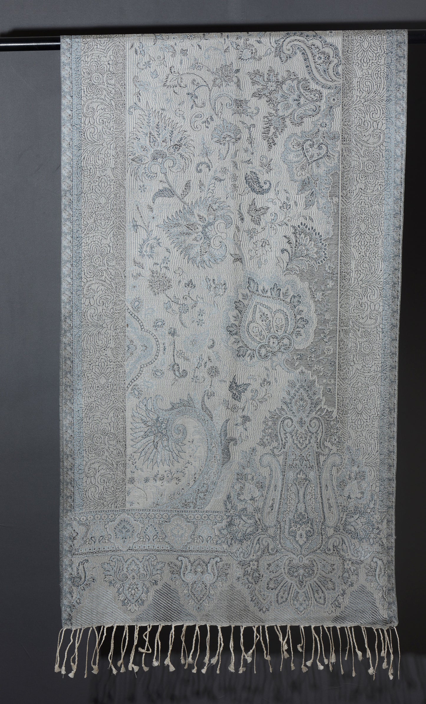 OMVAI Ornamental Paisley Premium Woven Silk Stole - Silver Charcoal