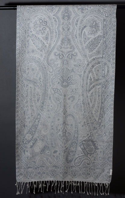 OMVAI Victorian Paisley Premium Woven Silk Stole - White Silver