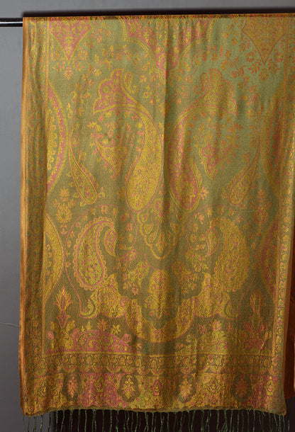 OMVAI Victorian Paisley Pattern Micro Art Silk Stole - Old Gold Green