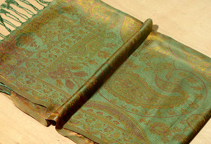 OMVAI Victorian Paisley Pattern Micro Art Silk Stole - Old Gold Green