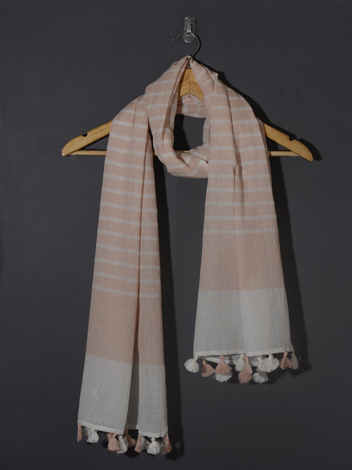 OMVAI Handcrafted Striped Linen Stole with Tassels - Peach Mist