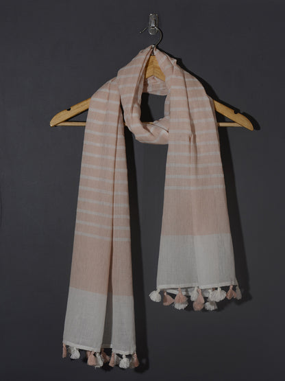 OMVAI Handcrafted Striped Linen Stole with Tassels - Peach Mist
