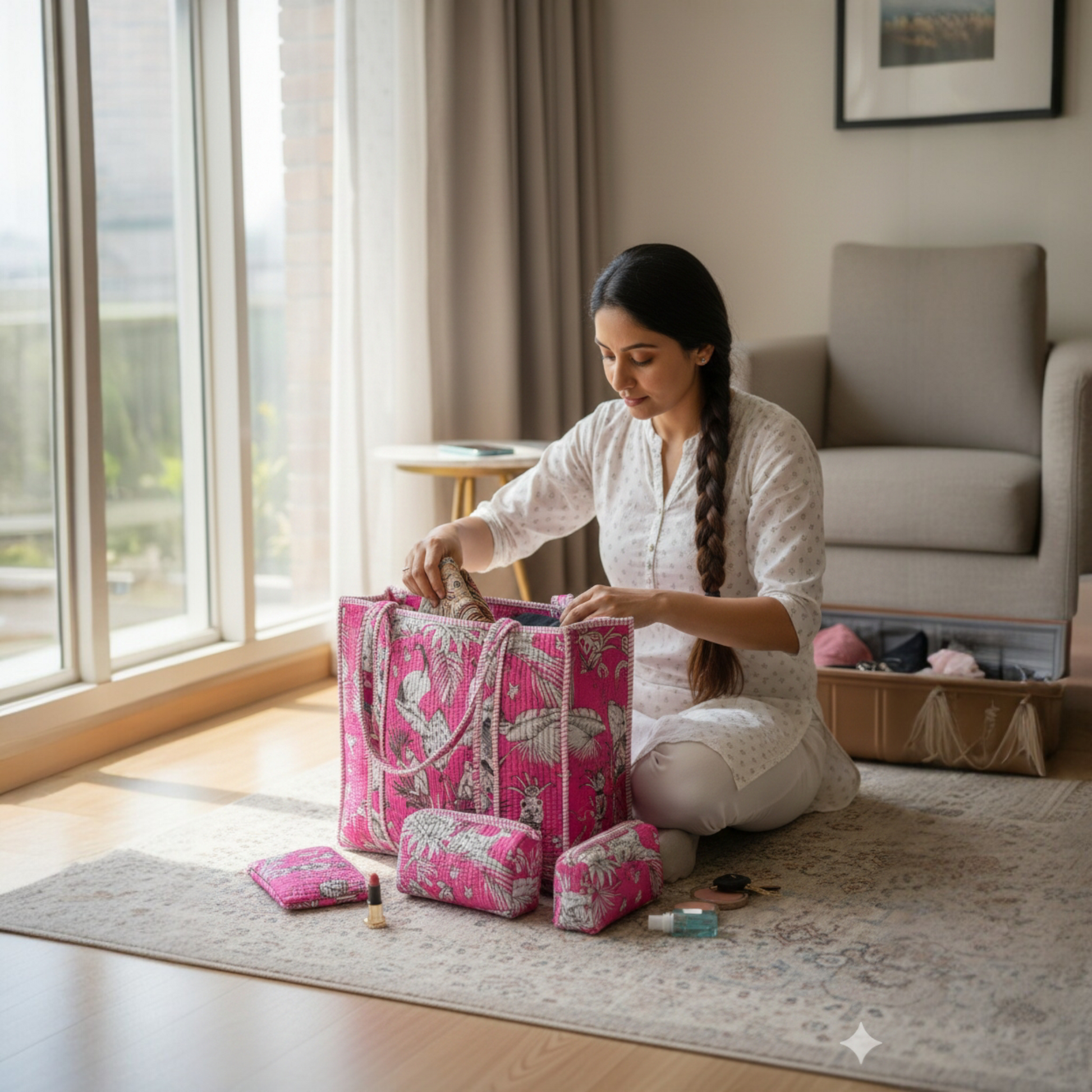 Woman organizing pink bags in a room with large windows and a sofa.