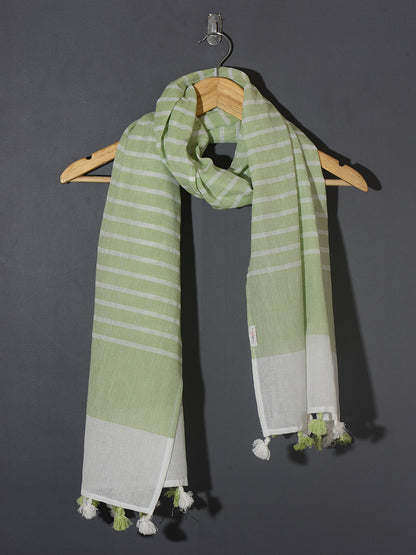 OMVAI Handcrafted Striped Linen Stole with Tassels - Pistachio Green