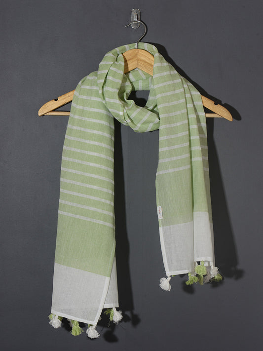 OMVAI Handcrafted Striped Linen Stole with Tassels - Pistachio Green