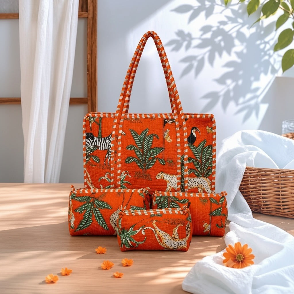 A coordinated orange fabric accessory set on a wooden table, including a tote bag, two zip pouches, and a small wallet, all printed with tropical and safari motifs like zebra, toucan, leopard, and palm leaves. White draped fabric, a wicker basket, and leaf shadows are visible in the background.