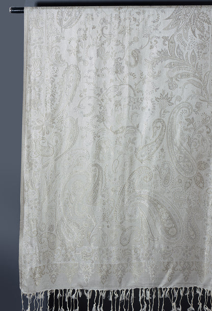 OMVAI Victorian Paisley Pattern Micro Art Silk Stole - Silver Pearl