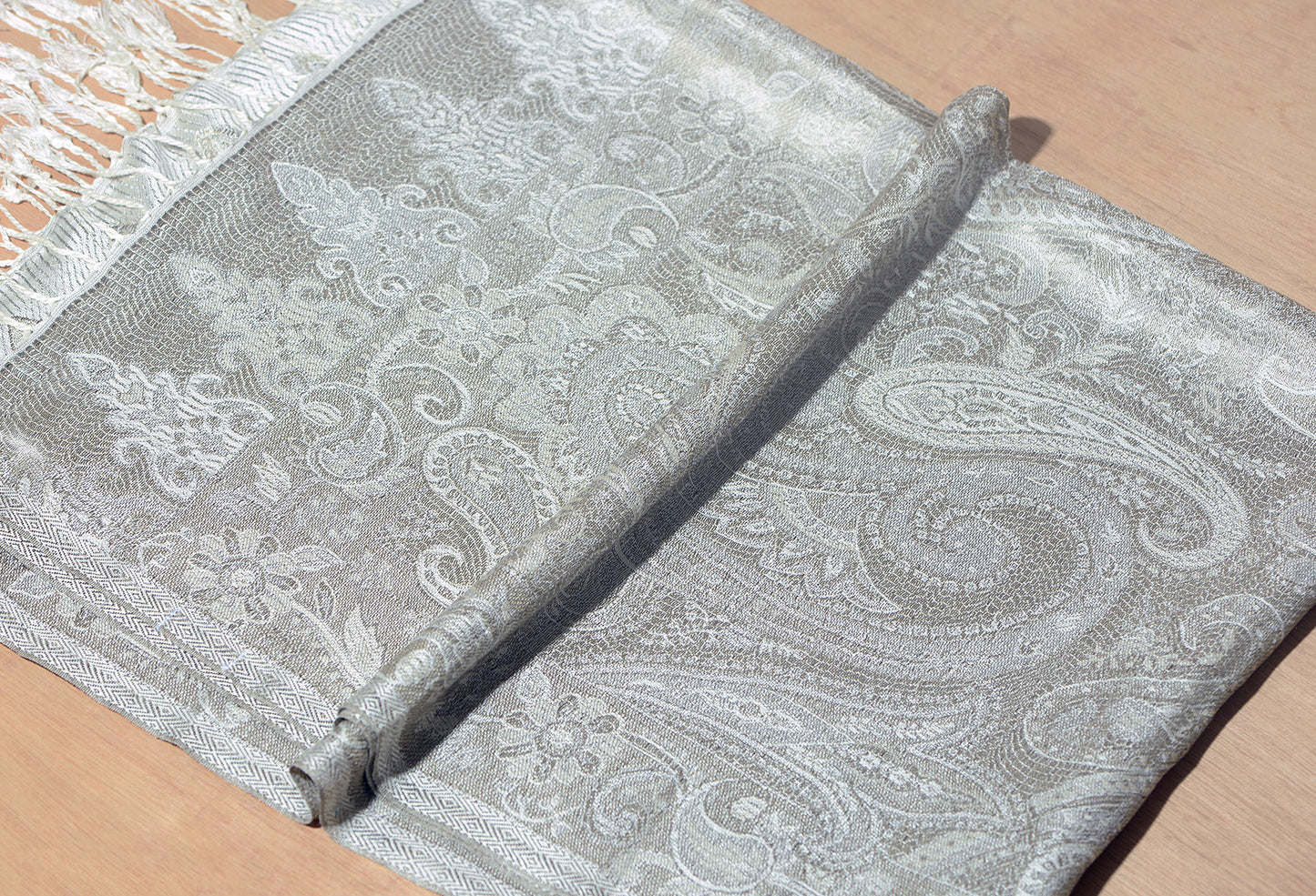 OMVAI Victorian Paisley Pattern Micro Art Silk Stole - Silver Pearl