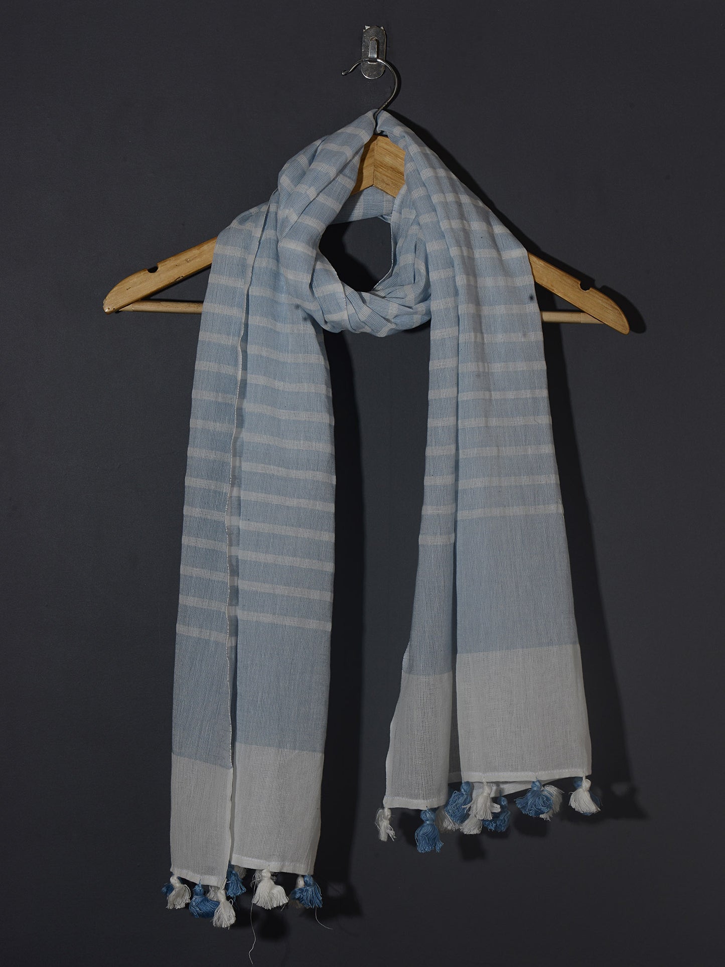 OMVAI Handcrafted Striped Linen Stole with Tassels - Sky Blue