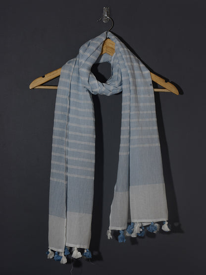 OMVAI Handcrafted Striped Linen Stole with Tassels - Sky Blue