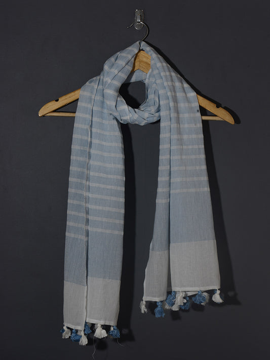 OMVAI Handcrafted Striped Linen Stole with Tassels - Sky Blue
