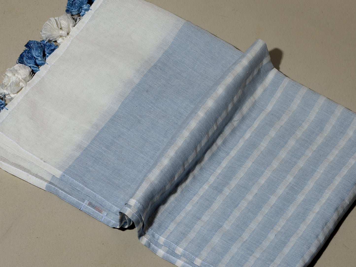 OMVAI Handcrafted Striped Linen Stole with Tassels - Sky Blue