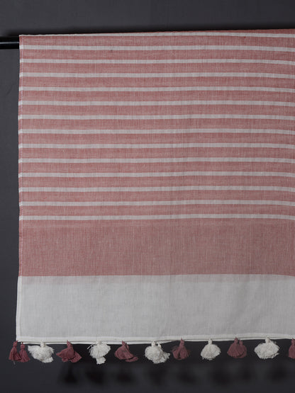 OMVAI Handcrafted Striped Linen Stole with Tassels - Cherry Blossom Red