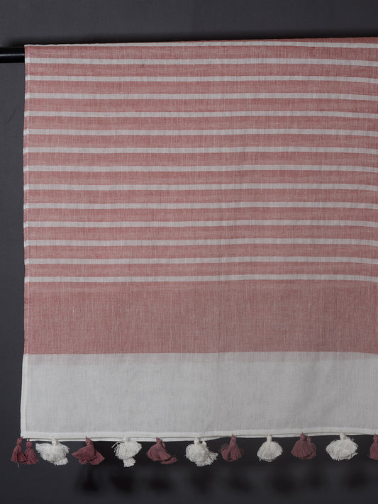 OMVAI Handcrafted Striped Linen Stole with Tassels - Cherry Blossom Red