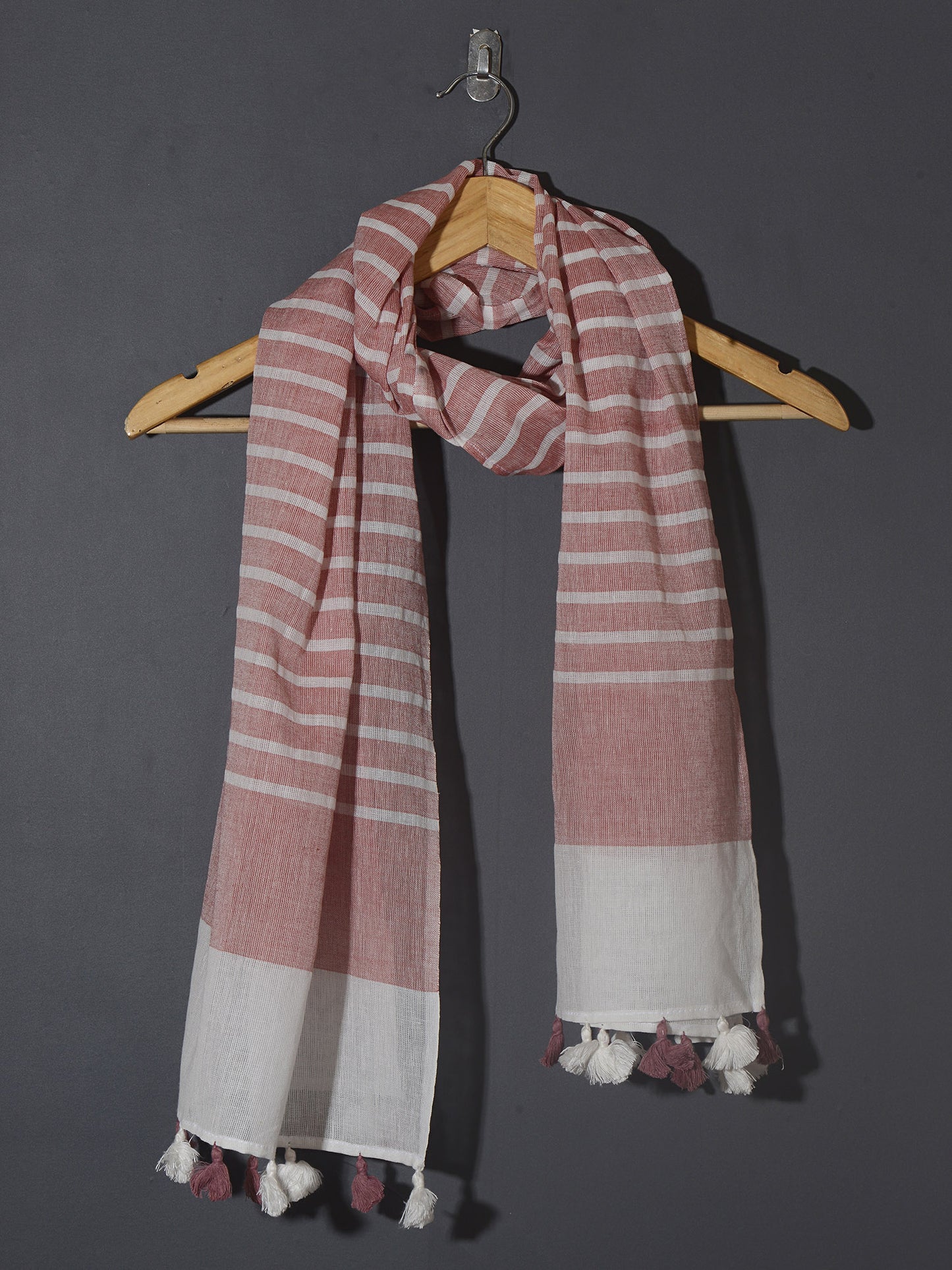 OMVAI Handcrafted Striped Linen Stole with Tassels - Cherry Blossom Red