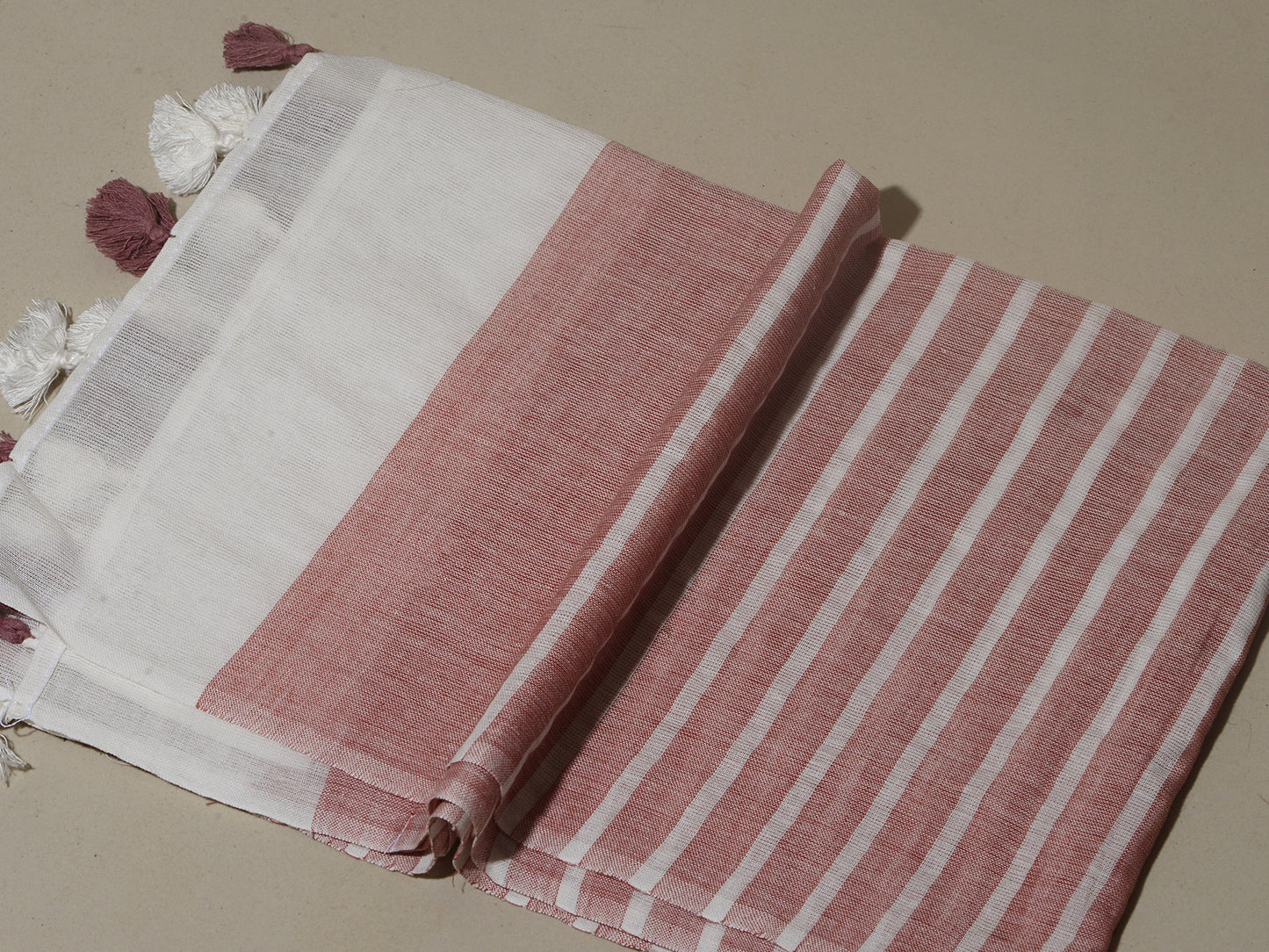OMVAI Handcrafted Striped Linen Stole with Tassels - Cherry Blossom Red
