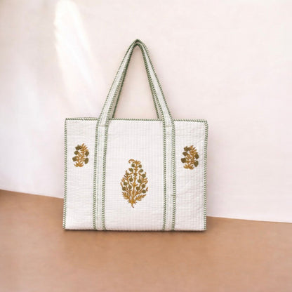 White Green Handblock Cotton Tote Bag | Handcrafted & Lightweight