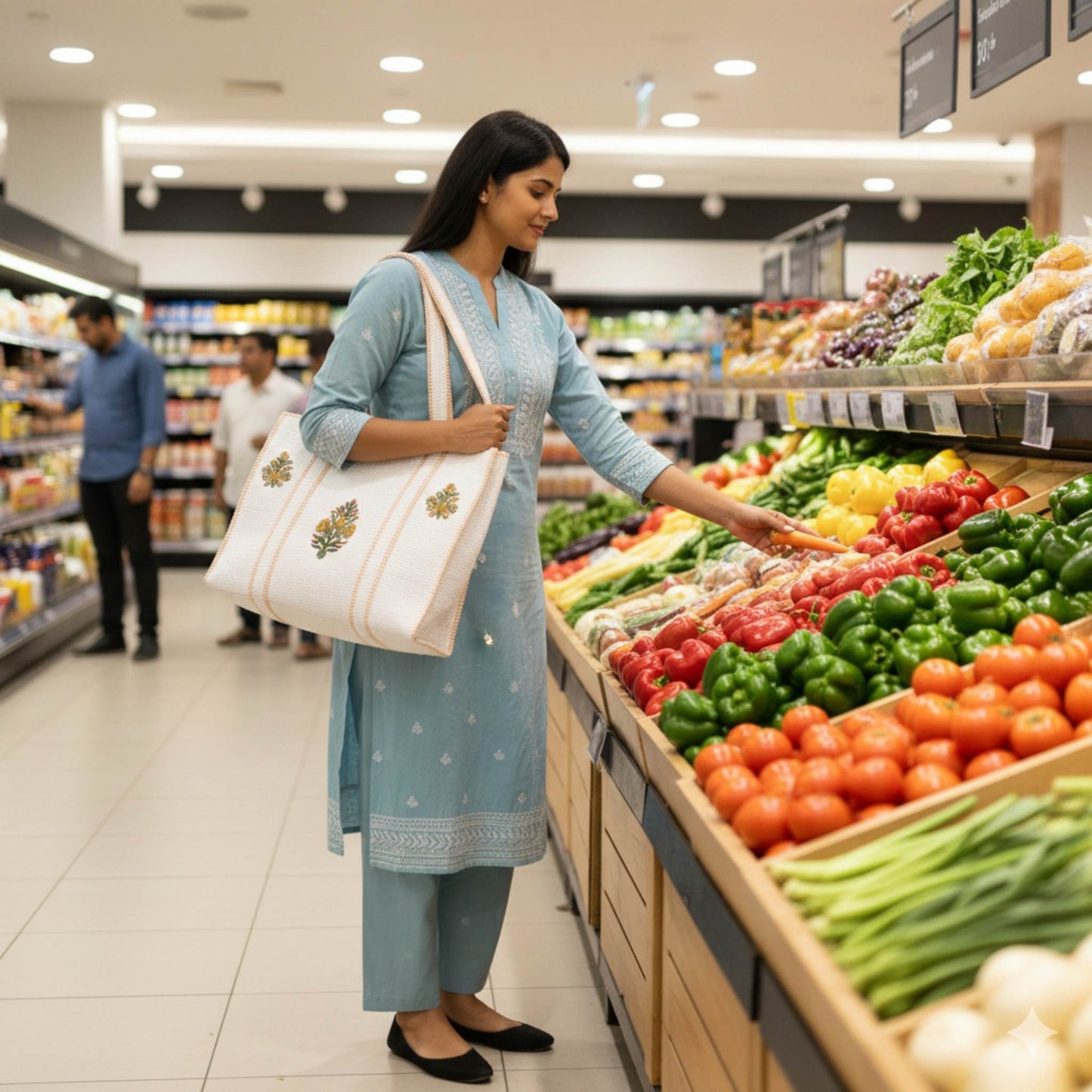 Woman shopping for vegetables in a grocery store