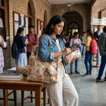 White Floral Quilted Cotton Tote Bag Set (4-Pieces) | Handcrafted & Light-Weight