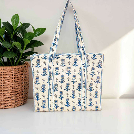 Azure Bloom - OMVAI Quilted Cotton Tote Bag