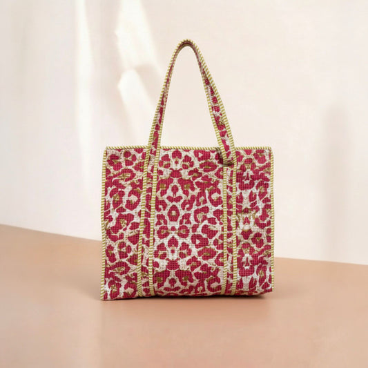 Leopard Print Quilted Canvas Tote Bag Set (4 Pieces) | Handcrafted & Lightweight