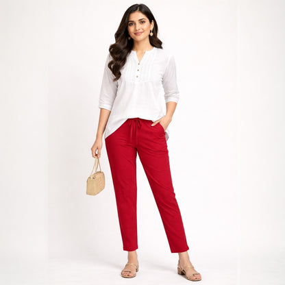 OMVAI Red Cotton Pants : Relaxed Fit, Breathable & Comfortable