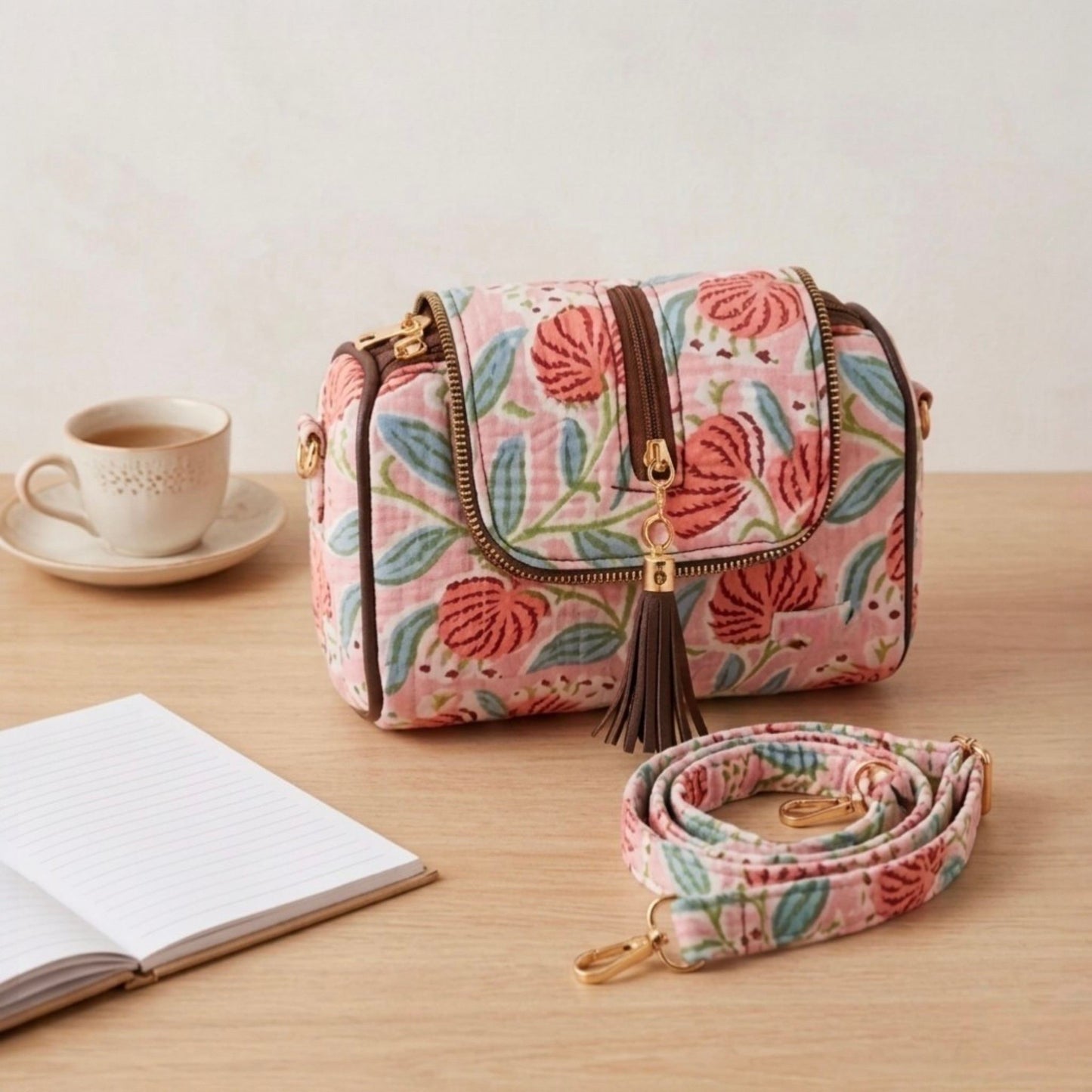 Floral patterned handbag with a matching strap on a wooden surface with a cup and book.