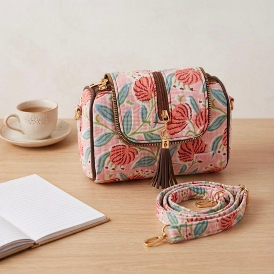 Floral patterned handbag with a matching strap on a wooden surface with a cup and book.