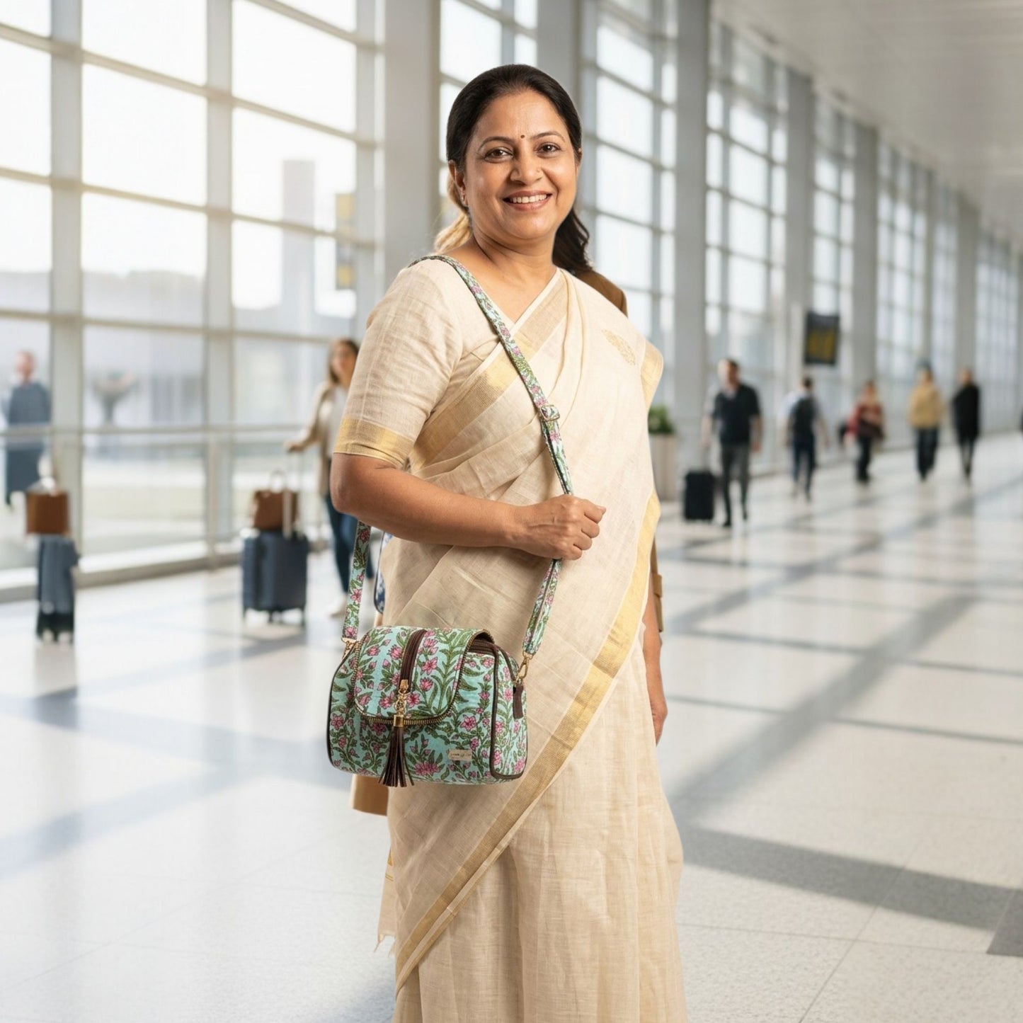 Woman in a beige saree with a floral bag in an airport terminal