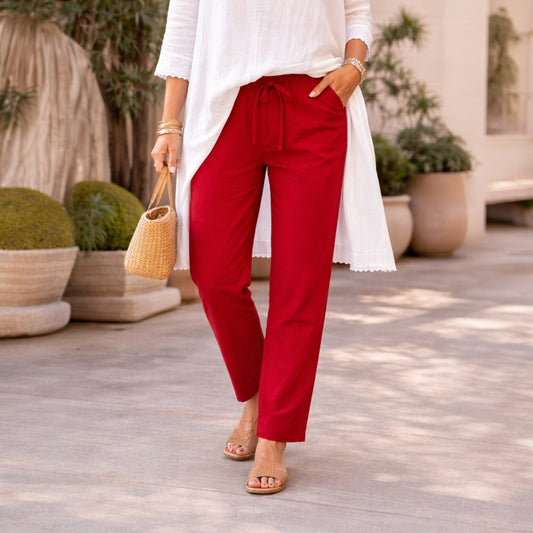 OMVAI Red Cotton Pants : Relaxed Fit, Breathable & Comfortable