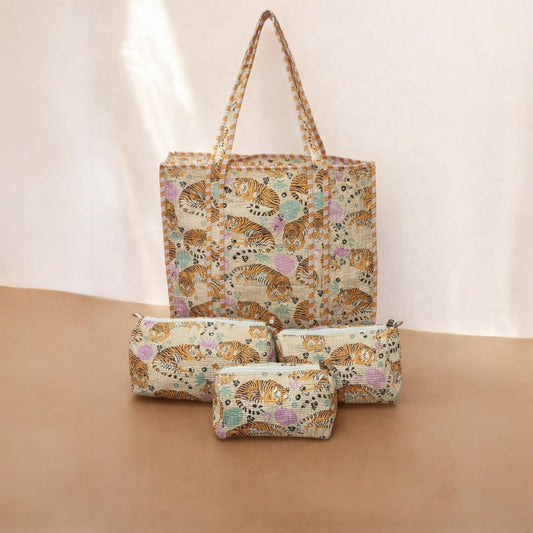 Beige Tiger Print Quilted Tote Bag Set (4-Piece) | Handcrafted Cotton