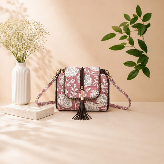 Floral patterned handbag with tassel on a beige surface with decorative elements