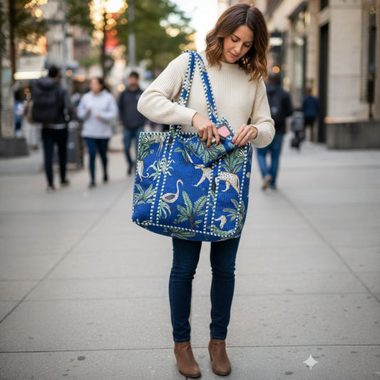 Woman holding a blue patterned bag on a city street