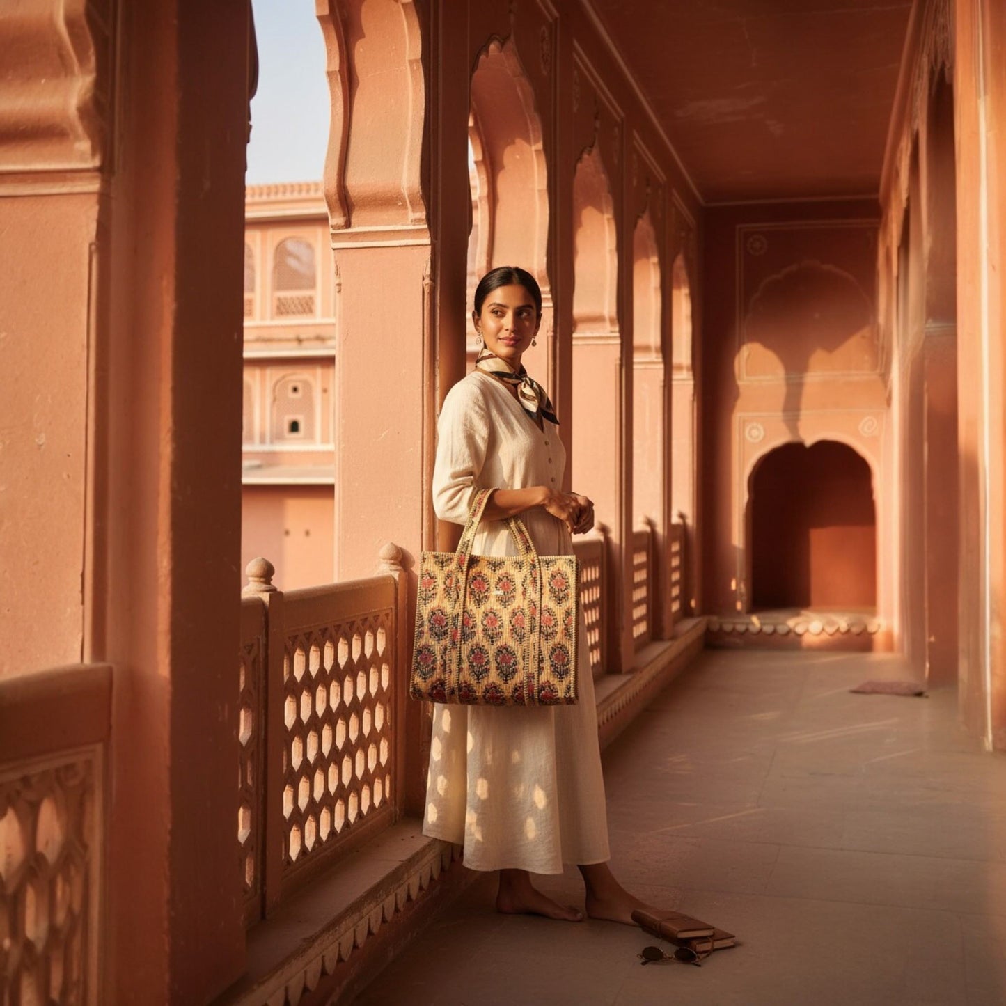 Woman holding a patterned bag in a pink architectural setting
