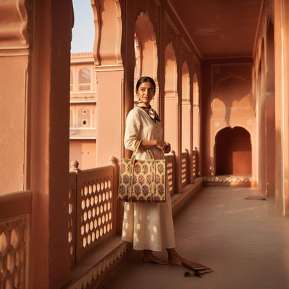 Woman holding a patterned bag in a pink architectural setting