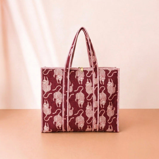 Pink Tiger Quilted Cotton Tote Bag Set (4 Pieces) | Handcrafted & Light-Weight
