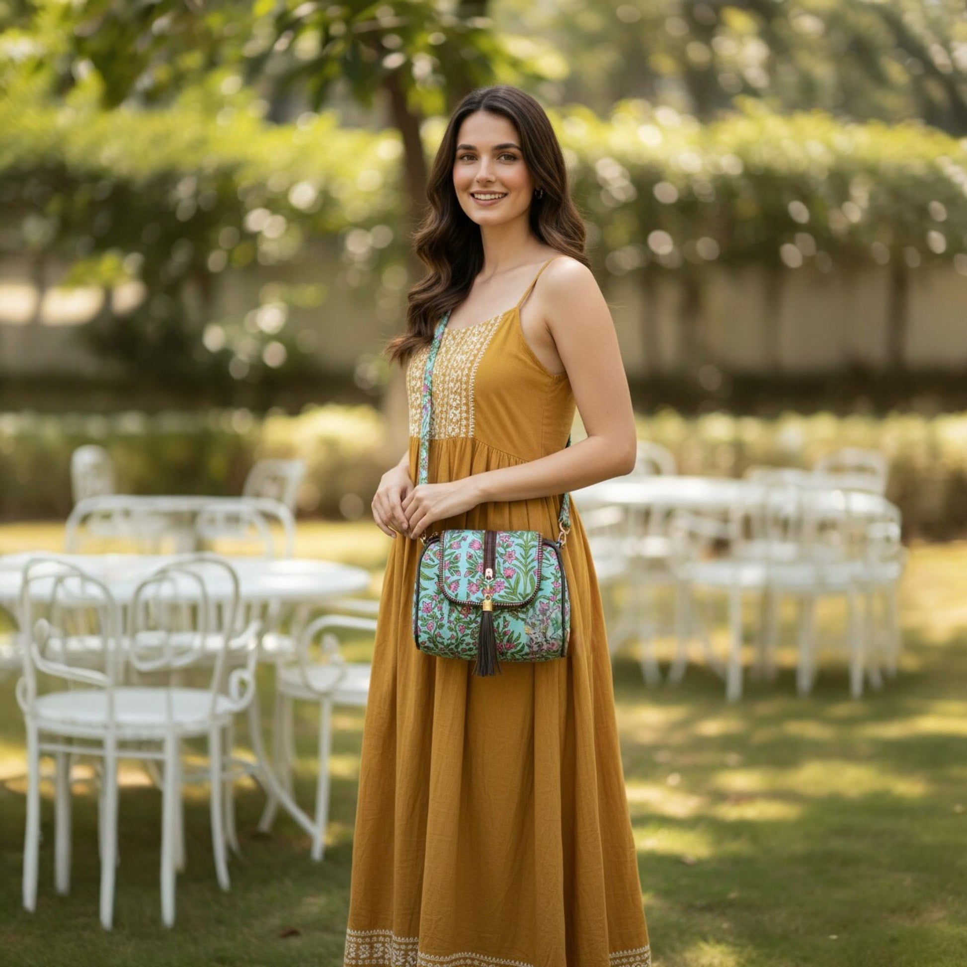 Woman in a mustard yellow dress holding a patterned handbag in an outdoor setting with tables and chairs.