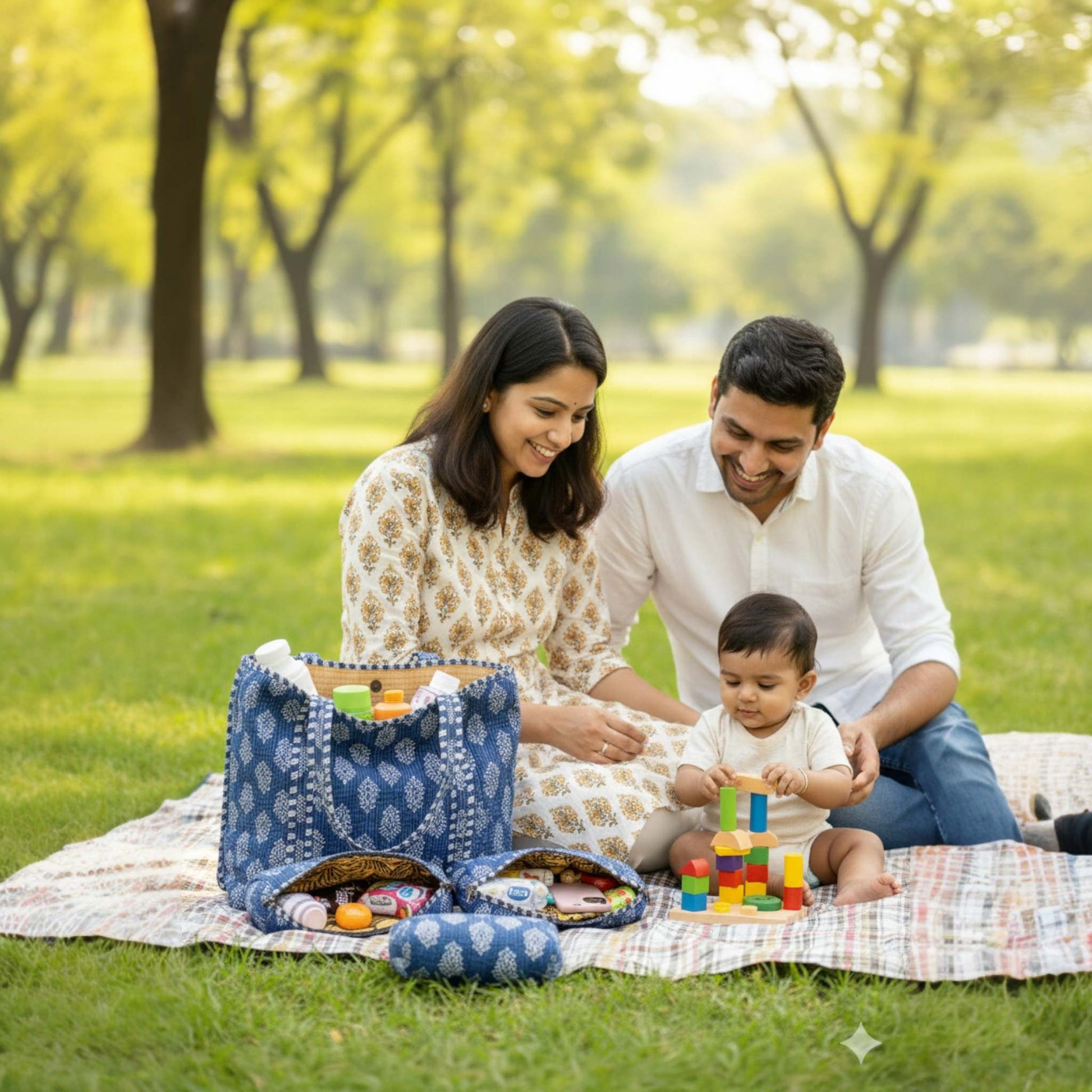 Family with a child playing on a picnic blanket in a park